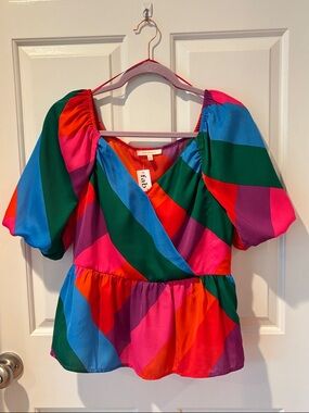 Skies Are Blue Women's Vibrant Color Block Puff Sleeve Peplum Top NWT Size M